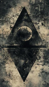 Lunar orb suspended within distressed geometric monolith