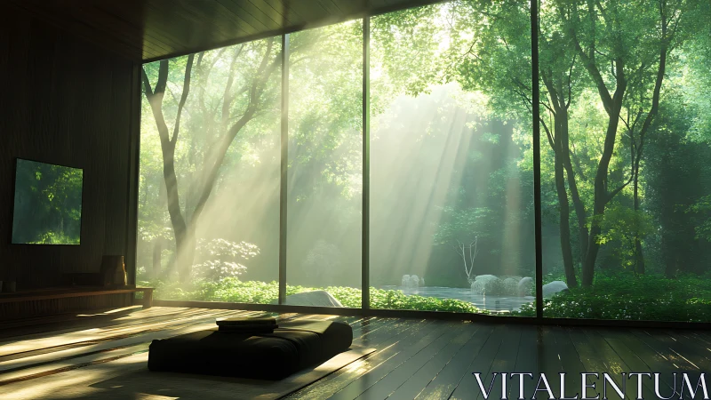 Minimalist forest-view living space with soft morning light.