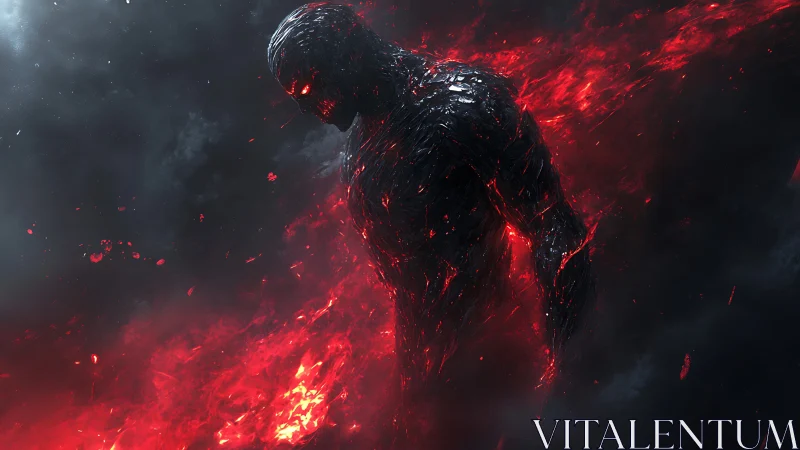 Fiery shadow figure walking through glowing embers of night.