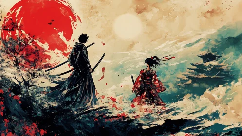 Samurai pair in stylized landscape with red sun and temple.