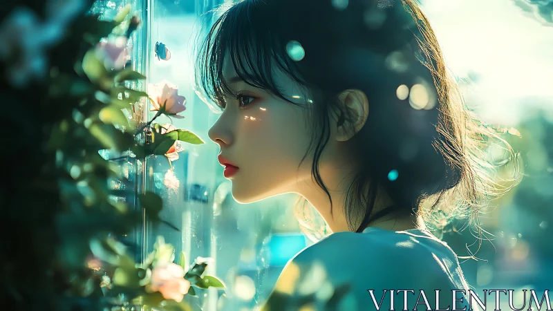 Side profile girl in teal bokeh lighting beside flowers at glass