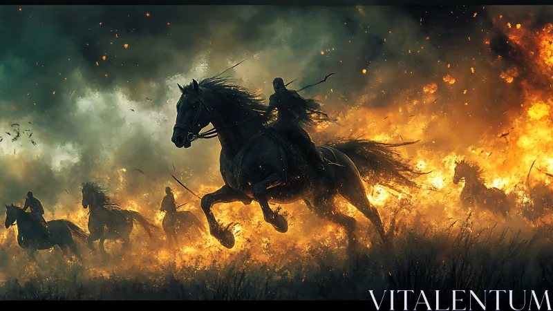 Mounted figures traverse burning landscape under dense smoke