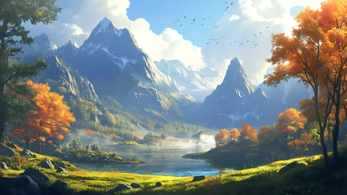 Golden autumn valley cradled by peaceful mountain peaks.
