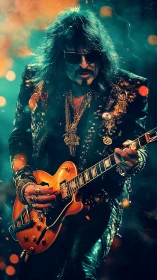 Glam rock guitarist under cinematic stage lighting performs