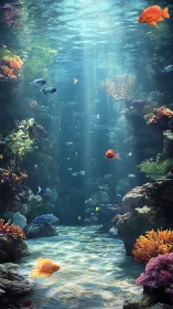 Sunlit coral reef corridor shimmers with drifting tropical fish