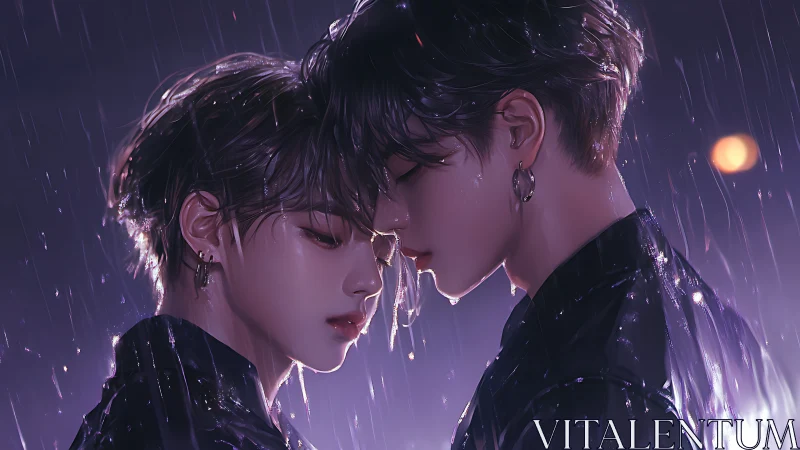 Two wet figures in close contact under evening rain.