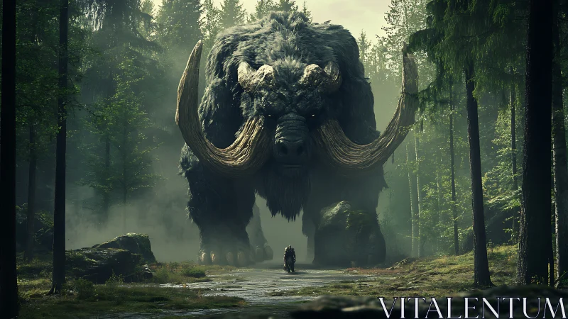 Colossal forest beast confronts lone figure in misted pathway