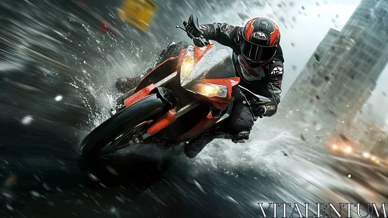 Motorcycle rider cornering on wet urban street surface.