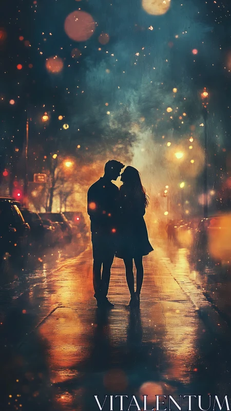 Two Silhouettes Kiss Beneath Cascading Urban Bokeh
