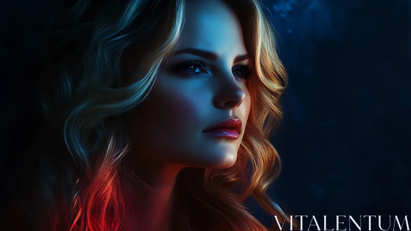 Woman’s side profile under blue and red cinematic lighting