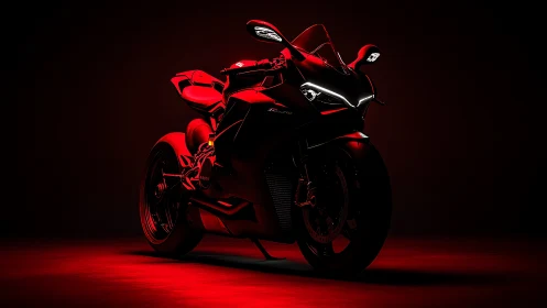 High-contrast superbike portrait uses dramatic red rim lighting