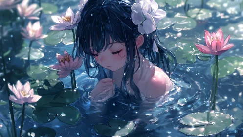 Melancholic girl immersed among luminous water lilies.