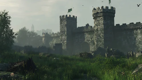 Weathered stone fortress with misty depth, overgrown ruins, and moody light
