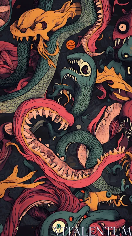Surreal serpent hydra with chaotic monstrous jaws.
