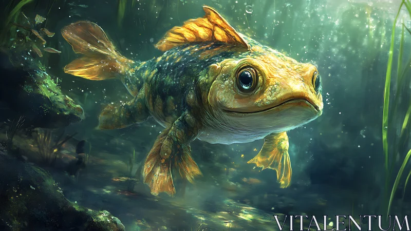 Fantastical amphibious fish creature in luminous lagoon scene.