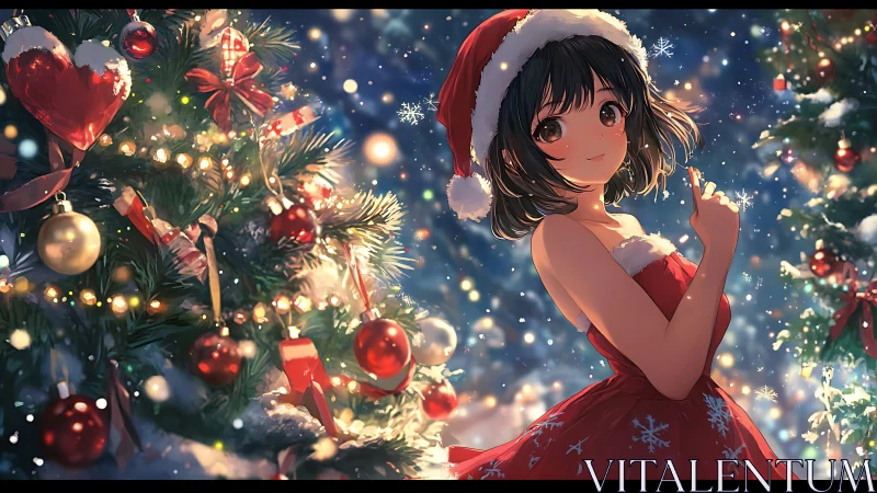 Warm bokeh-lit anime girl in red Christmas dress beside detailed tree