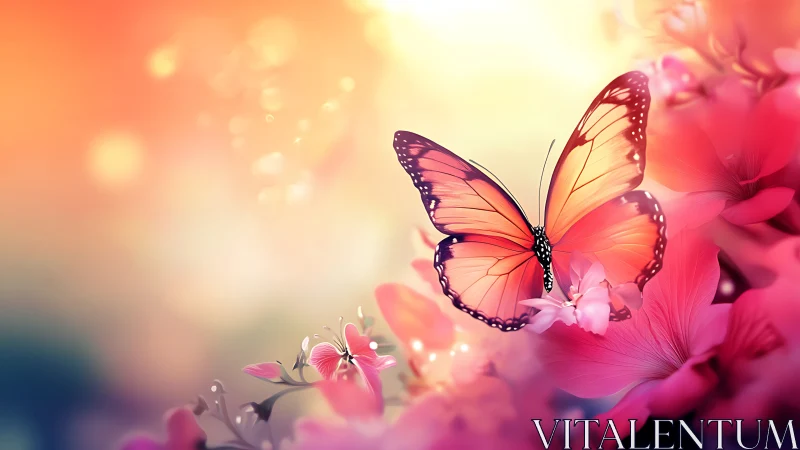 Radiant butterfly poised over luminous pink blossoms.