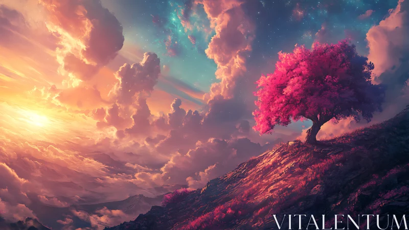 Solitary pink tree on glowing hillside under vivid sky.