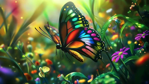 Iridescent butterfly glows above vivid neon forest flowers.