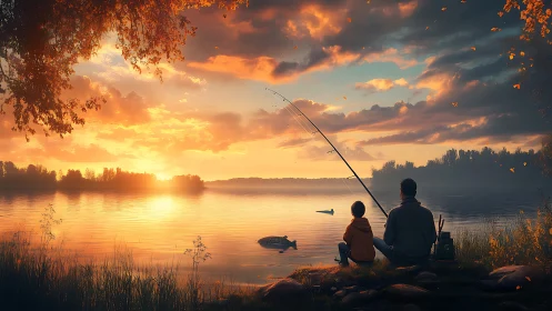 Father and child fishing by a calm lake at sunset