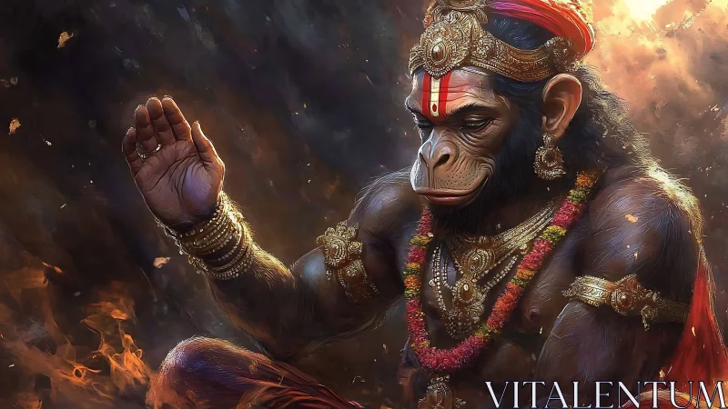 Digital painting of meditative simian deity in ornate regalia