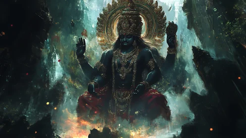 Colossal multi-armed deity amid misted canyon waterfalls, lit