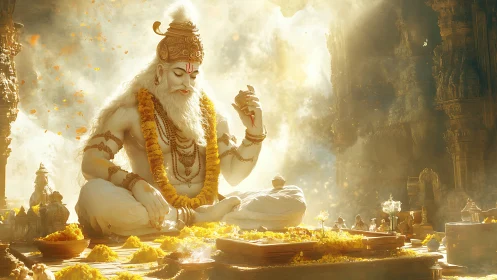 Divine sage statue amid golden offerings and radiant light.