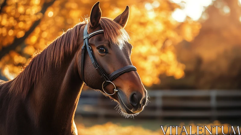 Chestnut horse portrait in warm golden evening light.