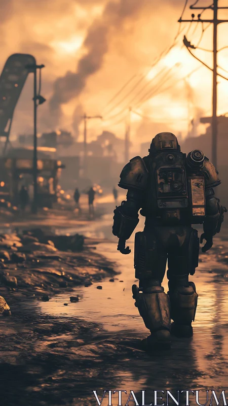 Armored wanderer walks through burning postwar street