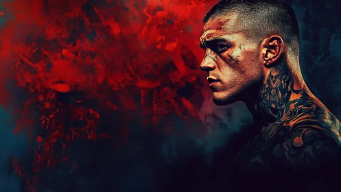 Tattooed fighter profile contrasts against abstract red chaos