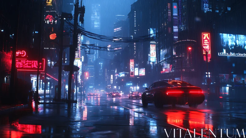 Neon soaked night drive through a rain glazed future city.