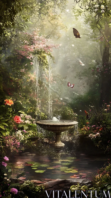 Secret garden fountain where butterflies script the light.