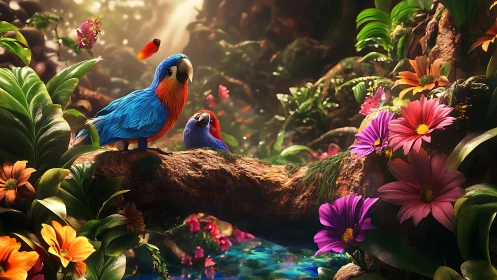 Colorful parrots rest above luminous jungle flowers.