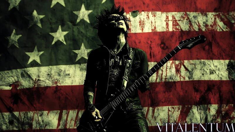 Rock guitarist silhouette ignites grunge American flag backdrop.
