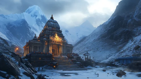 Illuminated Himalayan temple contrasts against glacial dusk