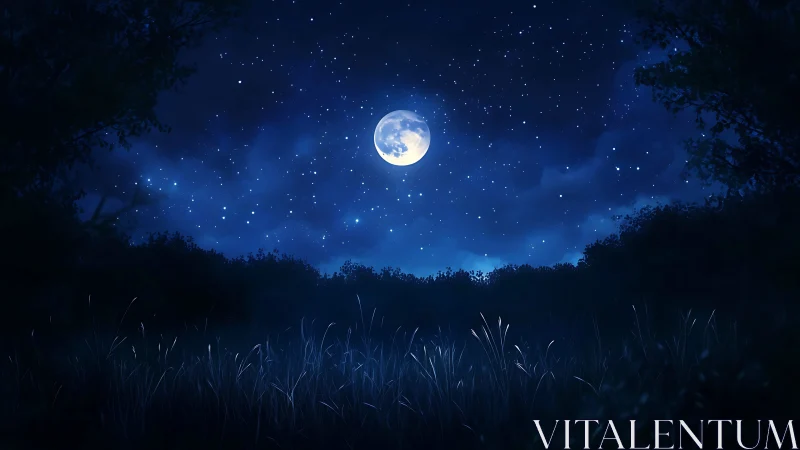 Full moon illuminates quiet forest clearing under deep sky