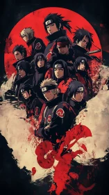 Layered ninja group portrait against grunge red sun backdrop