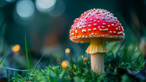 Red toadstool mushroom in forest grass with soft bokeh light.