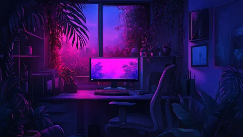 Neon-lit botanical workspace with ultrawide monitor glow.