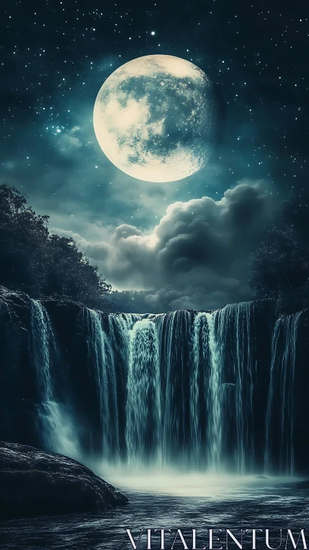 Moonlit waterfall under luminous night sky glow.
