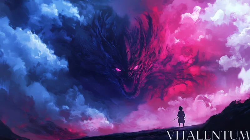 Lone swordsman faces colossal demon in split sky storm.