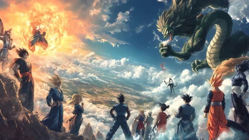 Panoramic celestial battle tableau with clustered anime warriors.