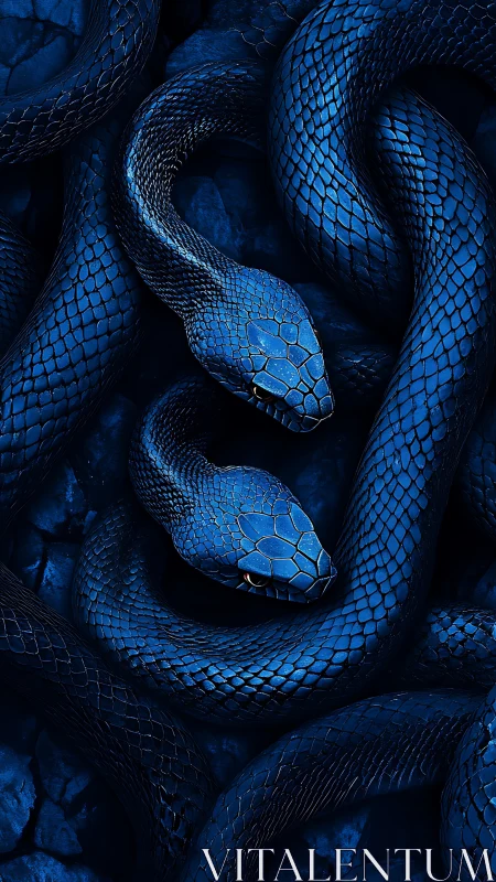 Twin cobalt serpents coil over dark stone in hyperreal detail