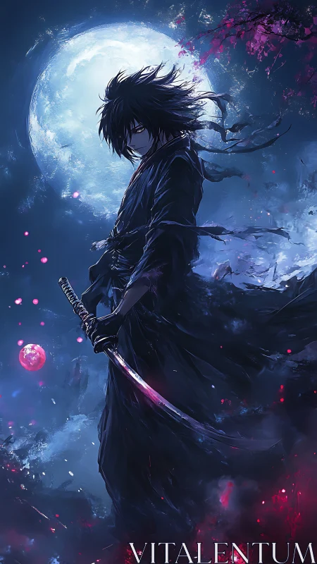 Moonlit anime swordsman in flowing dark robes, glowing blade.
