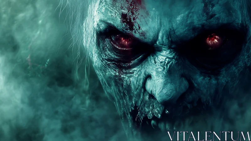 Decayed zombie visage advances in cyan haze with infernal eyes