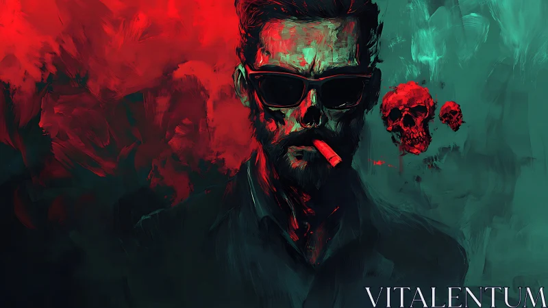 Stoic man with cigar in red and teal abstract portrait.