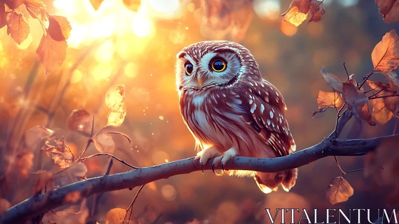 Small owl on autumn branch in golden light, digital art style.
