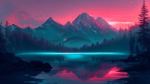 Neon lit mountains over calm reflective forest lake.