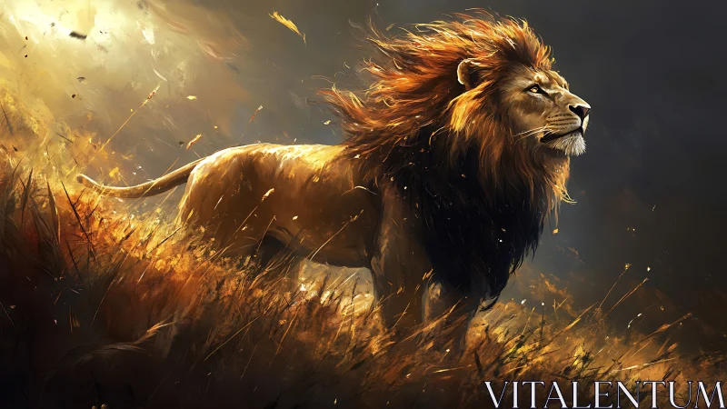 Majestic male lion striding through sunlit golden savanna field