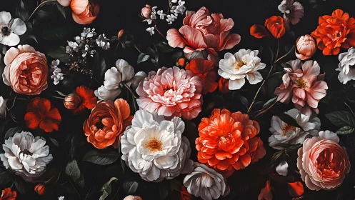 Baroque Floral Profusion Against Black: Peonies, Dahlias, Garden Roses.